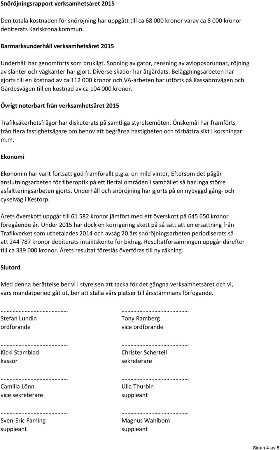 Beläggningsarbeten har gjorts till en kostnad av ca 112 000 kronor och VA arbeten har utförts på Kassabrovägen och Gärdesvägen till en kostnad av ca 104 000 kronor.