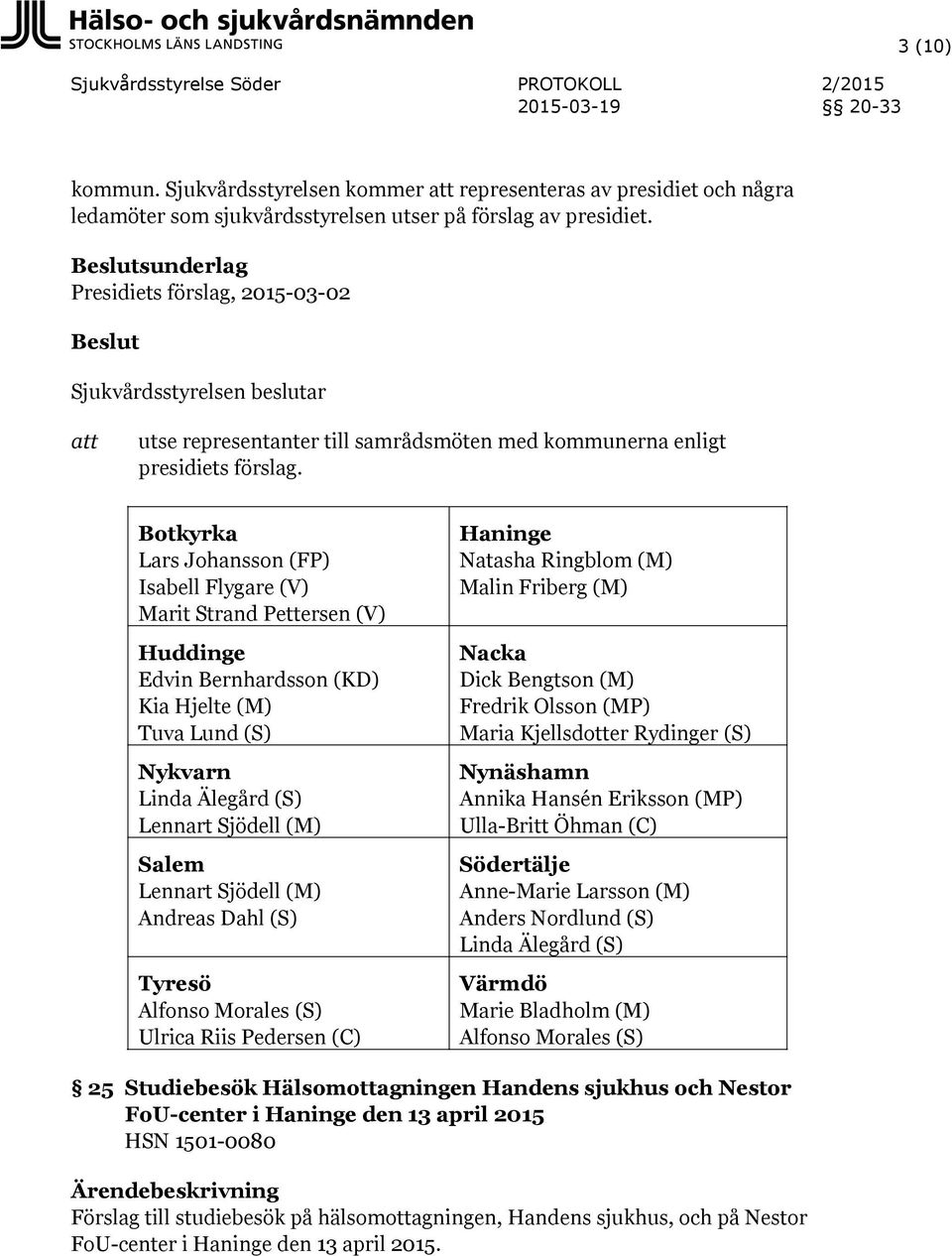 Botkyrka Lars Johansson (FP) Isabell Flygare (V) Marit Strand Pettersen (V) Huddinge Edvin Bernhardsson (KD) Kia Hjelte (M) Tuva Lund (S) Nykvarn Linda Älegård (S) Lennart Sjödell (M) Salem Lennart