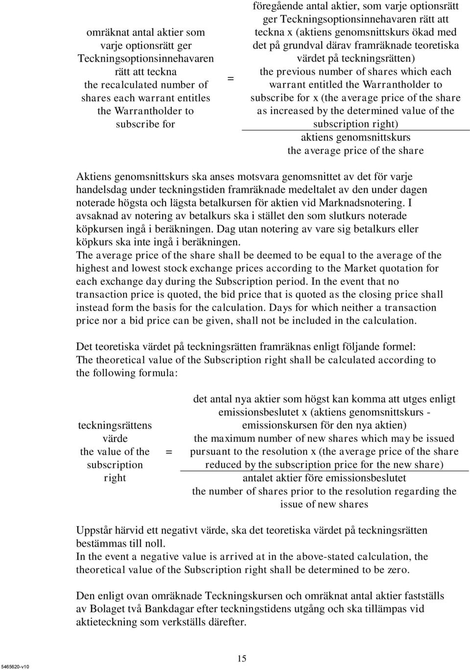 previous number of shares which each warrant entitled the Warrantholder to subscribe for x (the average price of the share as increased by the determined value of the subscription right) aktiens