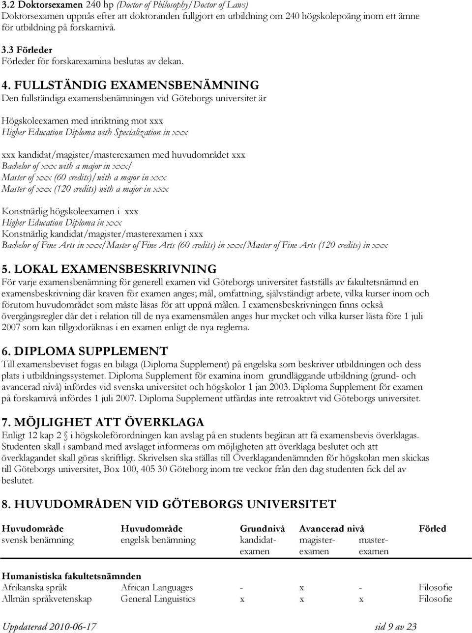 FULLSTÄNDIG EXAMENSBENÄMNING Den fullständiga examensbenämningen vid Göteborgs universitet är Högskoleexamen med inriktning mot xxx Higher Education Diploma with Specialization in xxx xxx
