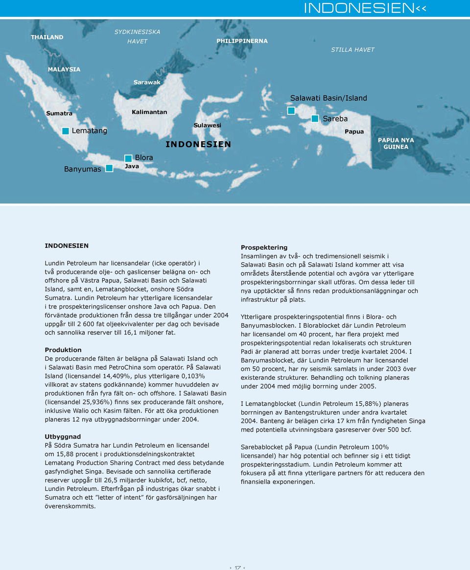 Lematangblocket, onshore Södra Sumatra. Lundin Petroleum har ytterligare licensandelar i tre prospekteringslicenser onshore Java och Papua.