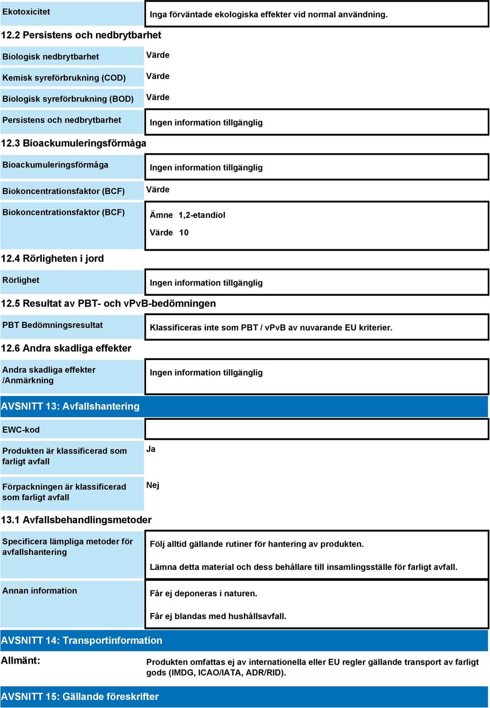 3 Bioackumuleringsförmåga Bioackumuleringsförmåga Biokoncentrationsfaktor (BCF) Biokoncentrationsfaktor (BCF) Värde Ämne 1,2-etandiol Värde 10 12.4 Rörligheten i jord Rörlighet 12.