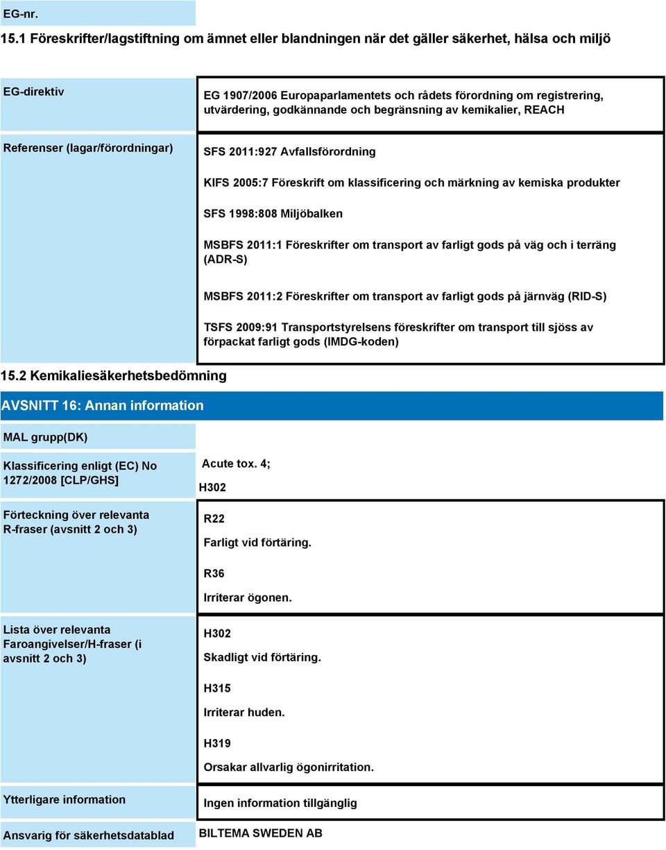 godkännande och begränsning av kemikalier, REACH Referenser (lagar/förordningar) SFS 2011:927 Avfallsförordning KIFS 2005:7 Föreskrift om klassificering och märkning av kemiska produkter SFS 1998:808