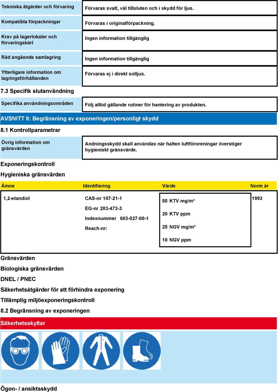 3 Specifik slutanvändning Specifika användningsområden Följ alltid gällande rutiner för hantering av produkten. AVSNITT 8: Begränsning av exponeringen/personligt skydd 8.