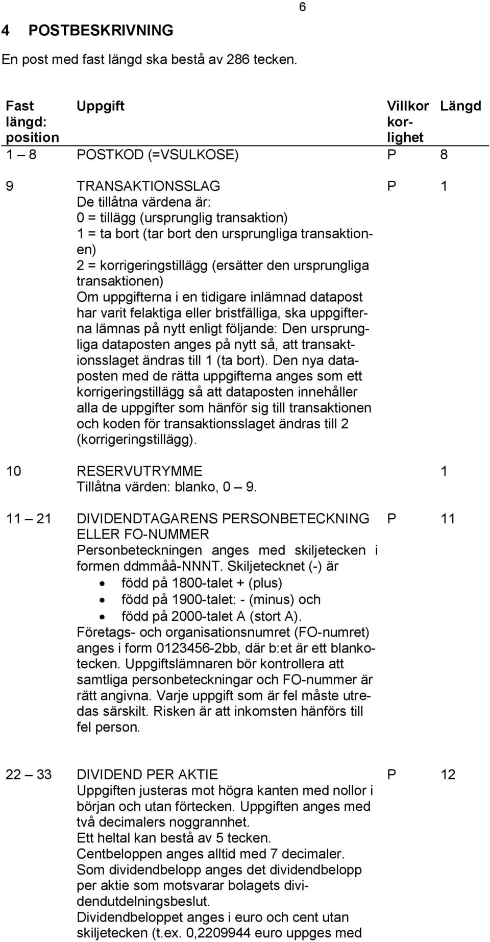 transaktionen) 2 = korrigeringstillägg (ersätter den ursprungliga transaktionen) Om uppgifterna i en tidigare inlämnad datapost har varit felaktiga eller bristfälliga, ska uppgifterna lämnas på nytt
