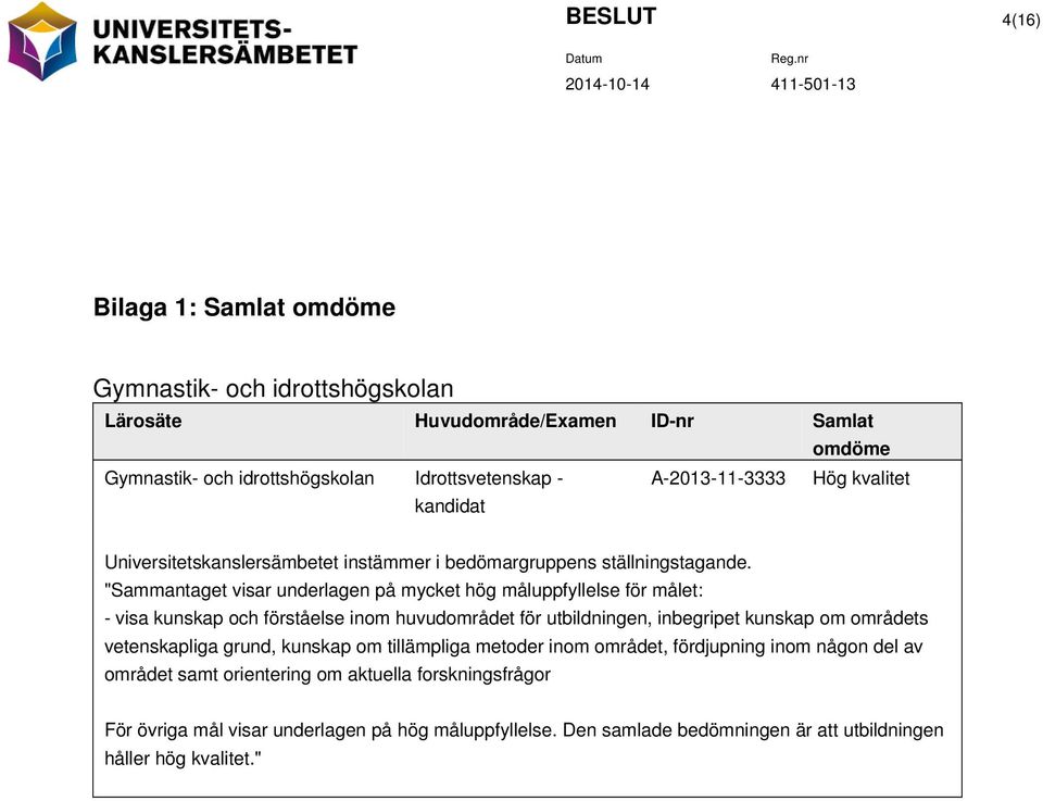 "Sammantaget visar underlagen på mycket hög måluppfyllelse för målet: - visa kunskap och förståelse inom huvudområdet för utbildningen, inbegripet kunskap om områdets