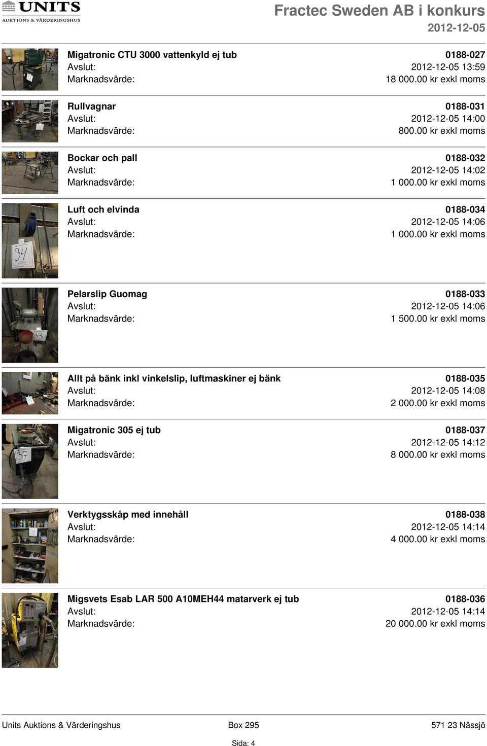 bänk inkl vinkelslip, luftmaskiner ej bänk 0188-035 Avslut: 14:08 2 000.00 kr exkl moms Migatronic 305 ej tub 0188-037 Avslut: 14:12 8 000.