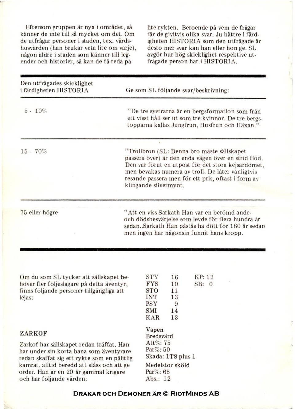 Ju bättre i färdigheten HISTORIA som den utfrågade är desto mer svar kan han eller hon ge. SL avgör hur hög skicklighet respektive utfrågade person har i HISTORIA.
