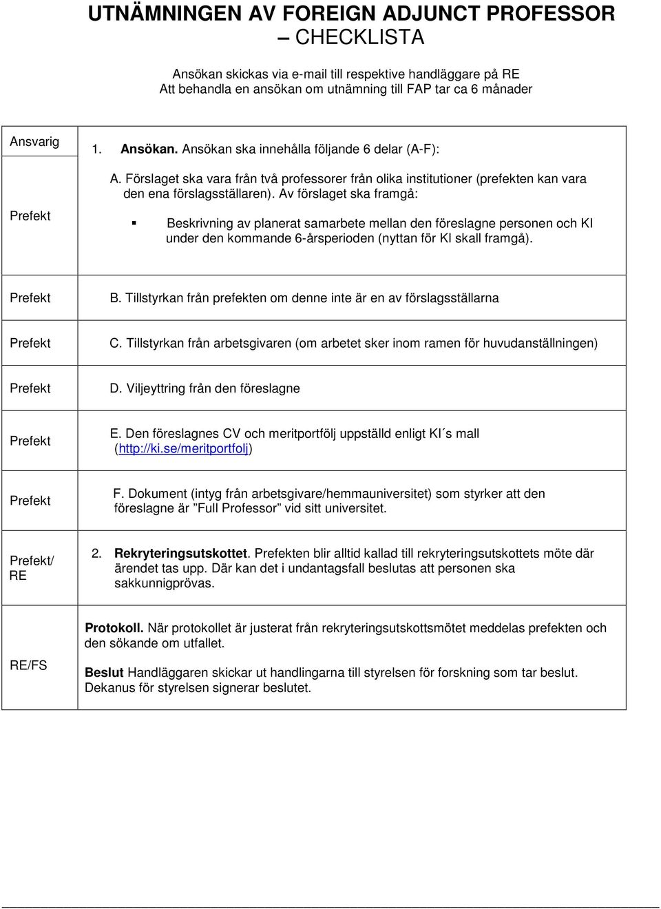 Av förslaget ska framgå: Beskrivning av planerat samarbete mellan den föreslagne personen och KI under den kommande 6-årsperioden (nyttan för KI skall framgå). B. Tillstyrkan från prefekten om denne inte är en av förslagsställarna C.