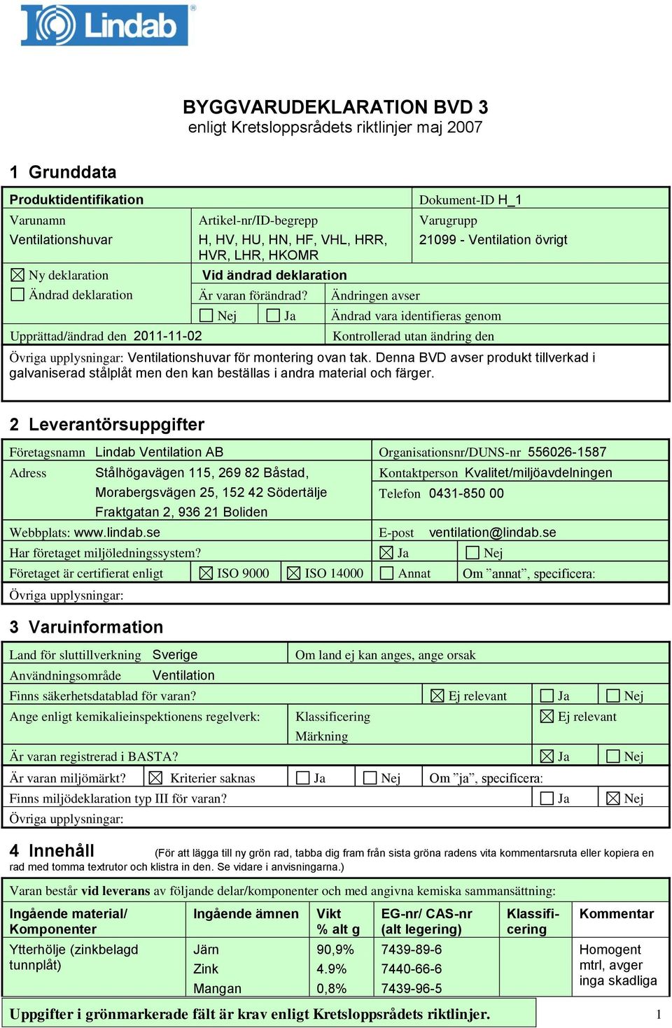 Ändringen avser Dokument-ID H_1 Varugrupp 21099 - Ventilation övrigt Nej Ja Ändrad vara identifieras genom Kontrollerad utan ändring den Ventilationshuvar för montering ovan tak.