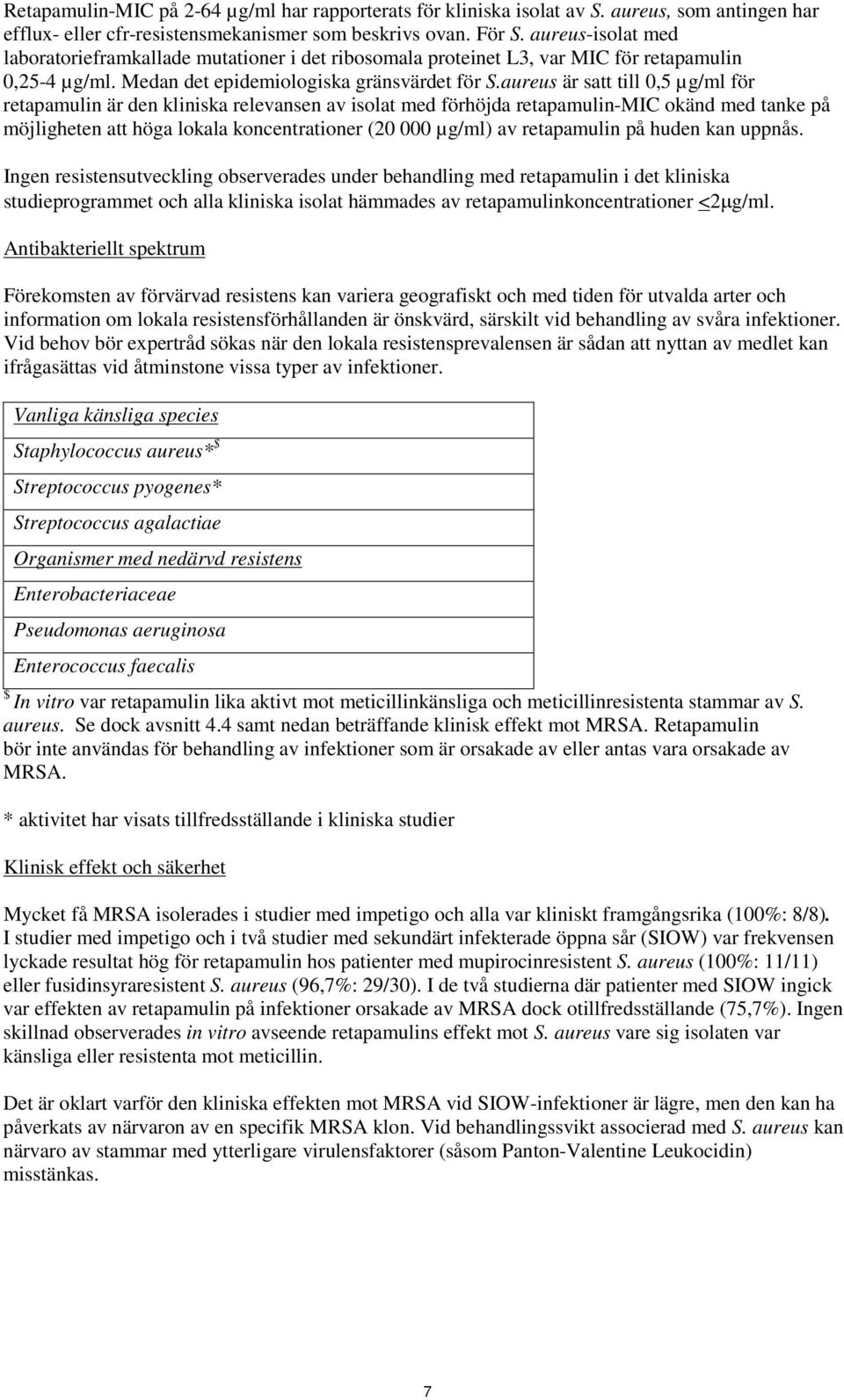 aureus är satt till 0,5 µg/ml för retapamulin är den kliniska relevansen av isolat med förhöjda retapamulin-mic okänd med tanke på möjligheten att höga lokala koncentrationer (20 000 µg/ml) av