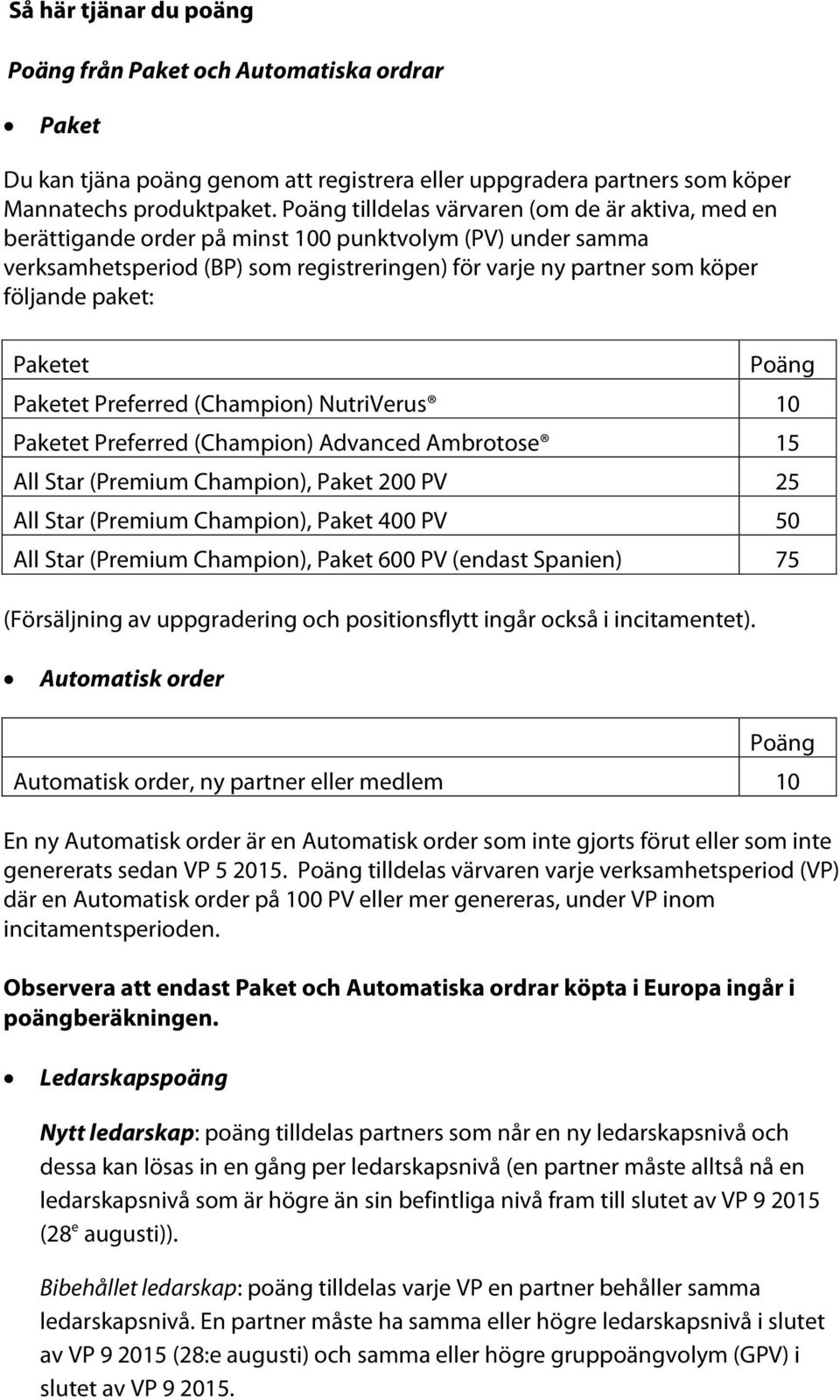 Paketet Poäng Paketet Preferred (Champion) NutriVerus 10 Paketet Preferred (Champion) Advanced Ambrotose 15 All Star (Premium Champion), Paket 200 PV 25 All Star (Premium Champion), Paket 400 PV 50