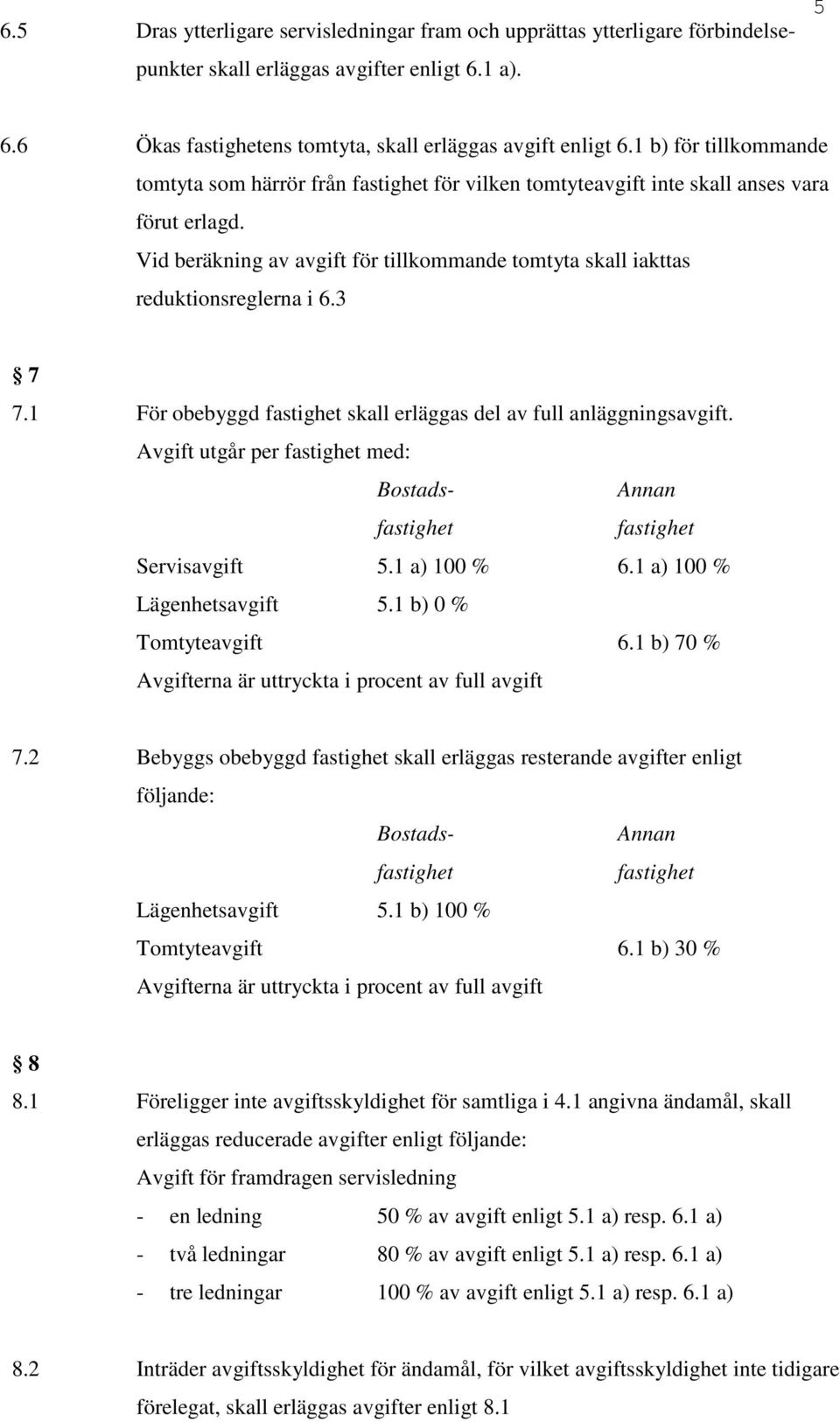 Vid beräkning av avgift för tillkommande tomtyta skall iakttas reduktionsreglerna i 6.3 7 7.1 För obebyggd fastighet skall erläggas del av full anläggningsavgift.