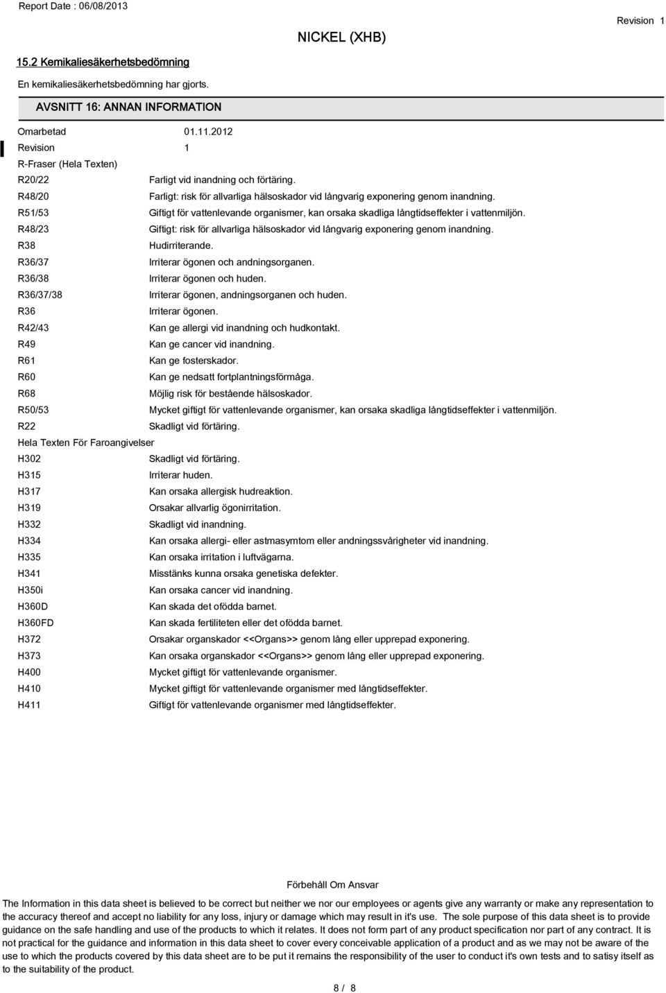 R48/23 Giftigt: risk för allvarliga hälsoskador vid långvarig exponering genom inandning. R38 Hudirriterande. R36/37 Irriterar ögonen och andningsorganen. R36/38 Irriterar ögonen och huden.
