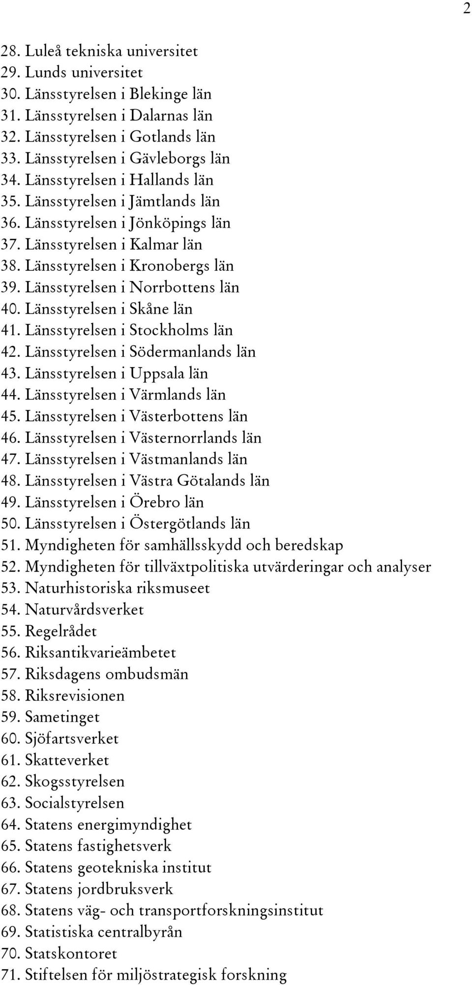Länsstyrelsen i Norrbottens län 40. Länsstyrelsen i Skåne län 41. Länsstyrelsen i Stockholms län 42. Länsstyrelsen i Södermanlands län 43. Länsstyrelsen i Uppsala län 44.