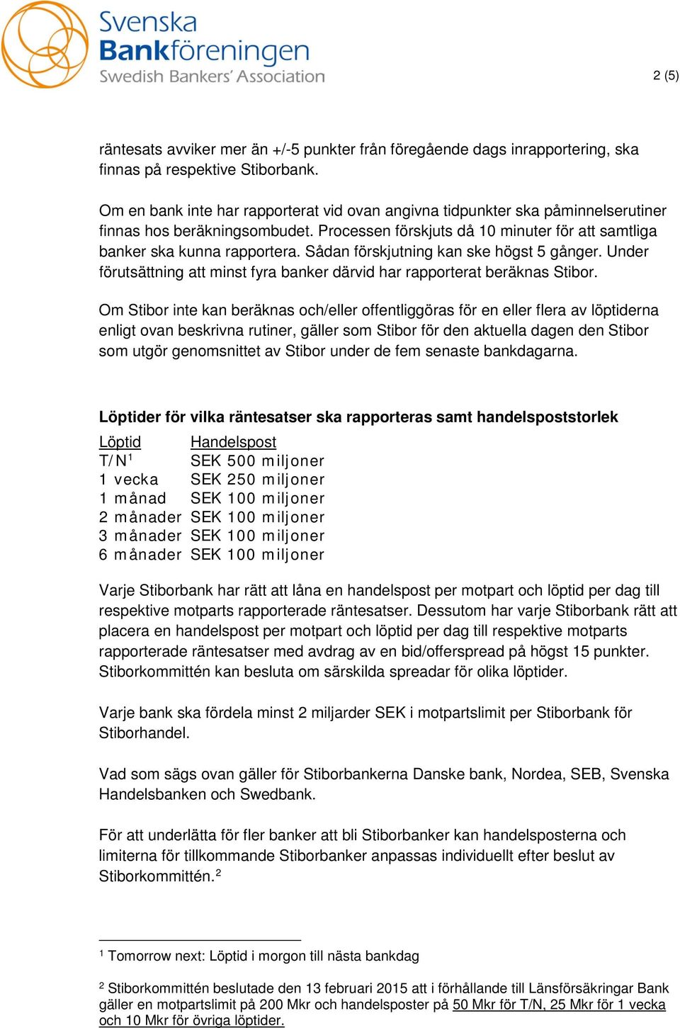 Sådan förskjutning kan ske högst 5 gånger. Under förutsättning att minst fyra banker därvid har rapporterat beräknas Stibor.