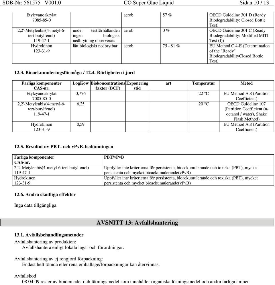 Guideline 301 C (Ready ingen biologisk Biodegradability: Modified MITI nedbrytning observerats Test (I)) lätt biologiskt nedbrytbar aerob 75-81 % EU Method C.