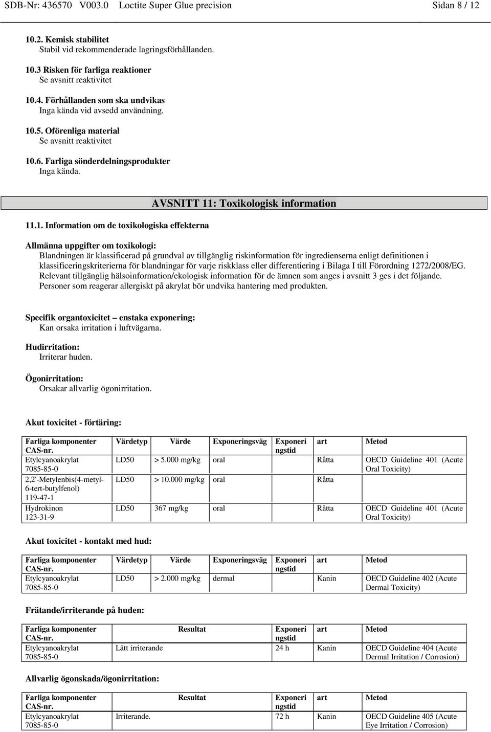 uppgifter om toxikologi: Blandningen är klassificerad på grundval av tillgänglig riskinformation för ingredienserna enligt definitionen i klassificeringskriterierna för blandningar för varje