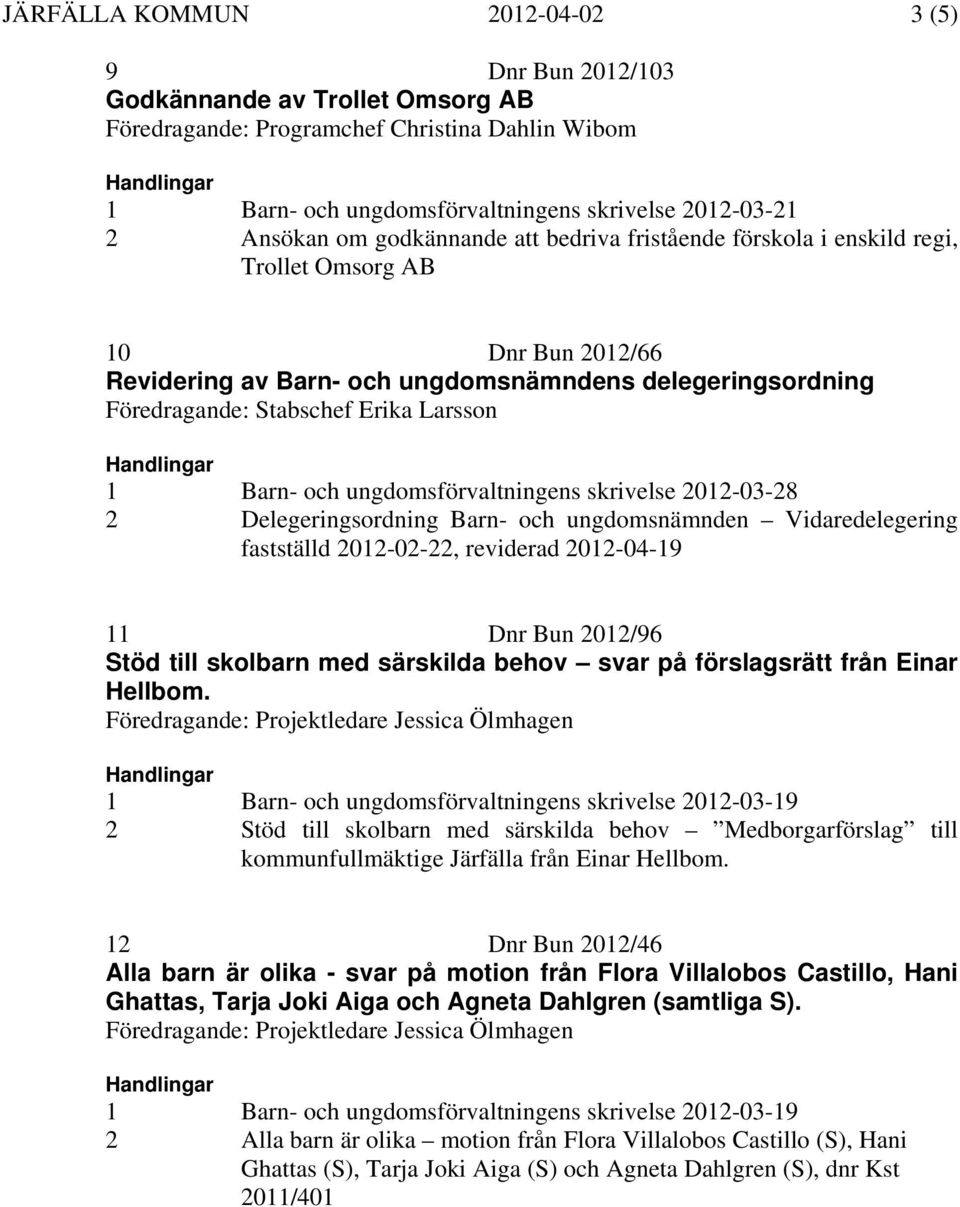 Larsson Handlingar 1 Barn- och ungdomsförvaltningens skrivelse 2012-03-28 2 Delegeringsordning Barn- och ungdomsnämnden Vidaredelegering fastställd 2012-02-22, reviderad 2012-04-19 11 Dnr Bun 2012/96