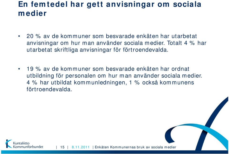 19 % av de kommuner som besvarade enkäten har ordnat utbildning för personalen om hur man använder sociala medier.