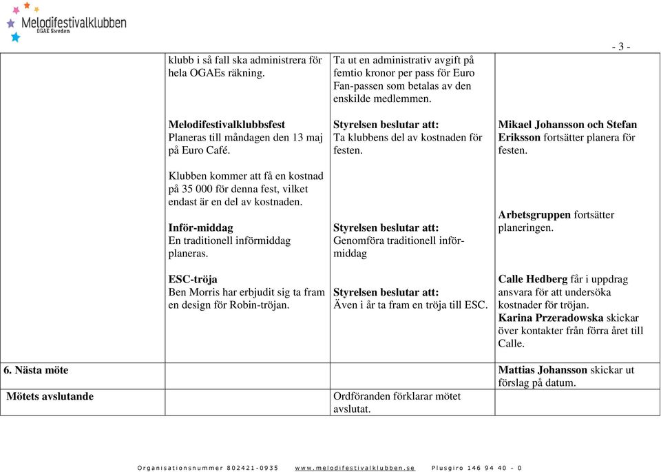 ESC-tröja Ben Morris har erbjudit sig ta fram en design för Robin-tröjan. Ta ut en administrativ avgift på femtio kronor per pass för Euro Fan-passen som betalas av den enskilde medlemmen.