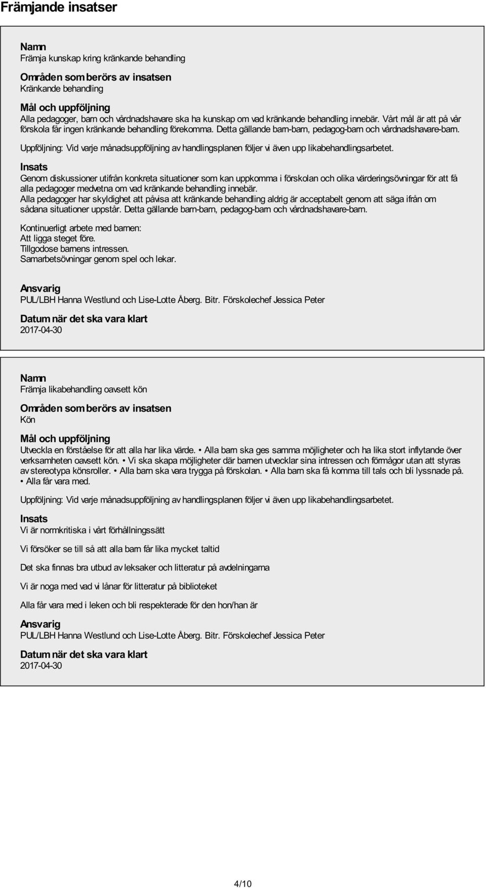 Genom diskussioner utifrån konkreta situationer som kan uppkomma i förskolan och olika värderingsövningar för att få alla pedagoger medvetna om vad kränkande behandling innebär.