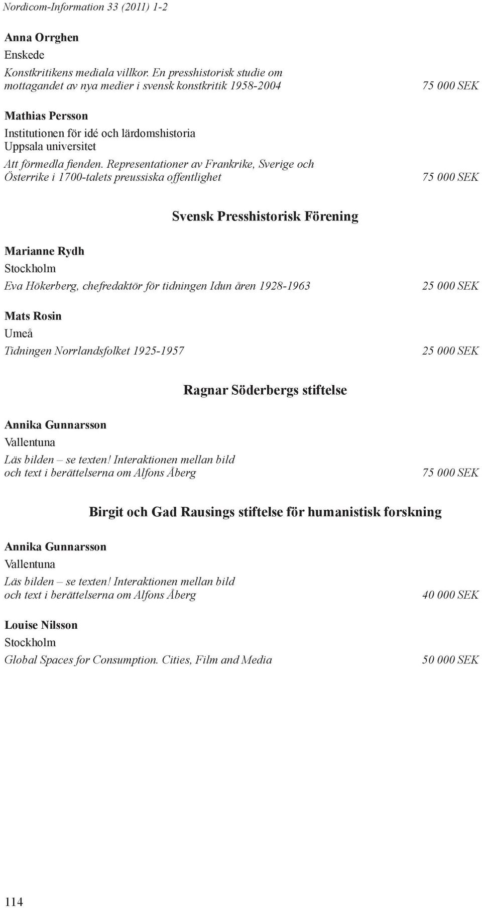 Representationer av Frankrike, Sverige och Österrike i 1700-talets preussiska offentlighet 75 000 SEK 75 000 SEK Svensk Presshistorisk Förening Marianne Rydh Stockholm Eva Hökerberg, chefredaktör för
