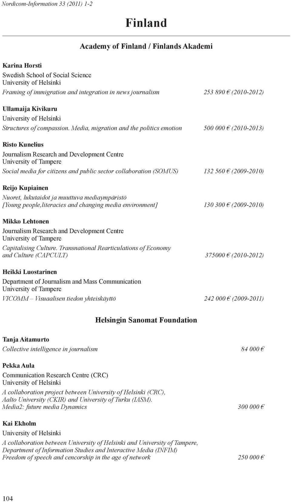 Media, migration and the politics emotion 500 000 (2010-2013) Risto Kunelius Social media for citizens and public sector collaboration (SOMUS) 132 560 (2009-2010) Reijo Kupiainen Nuoret, lukutaidot