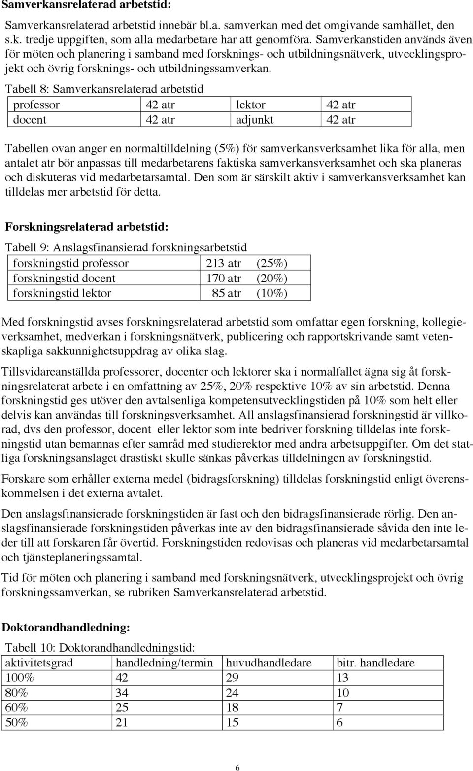 Tabell 8: Samverkansrelaterad arbetstid professor 42 atr lektor 42 atr docent 42 atr adjunkt 42 atr Tabellen ovan anger en normaltilldelning (5%) för samverkansverksamhet lika för alla, men antalet