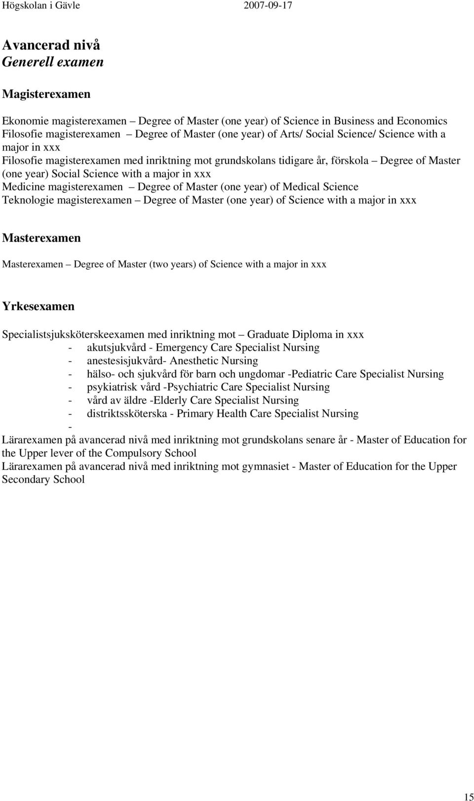 magisterexamen Degree of Master (one year) of Medical Science Teknologie magisterexamen Degree of Master (one year) of Science with a major in xxx Masterexamen Masterexamen Degree of Master (two