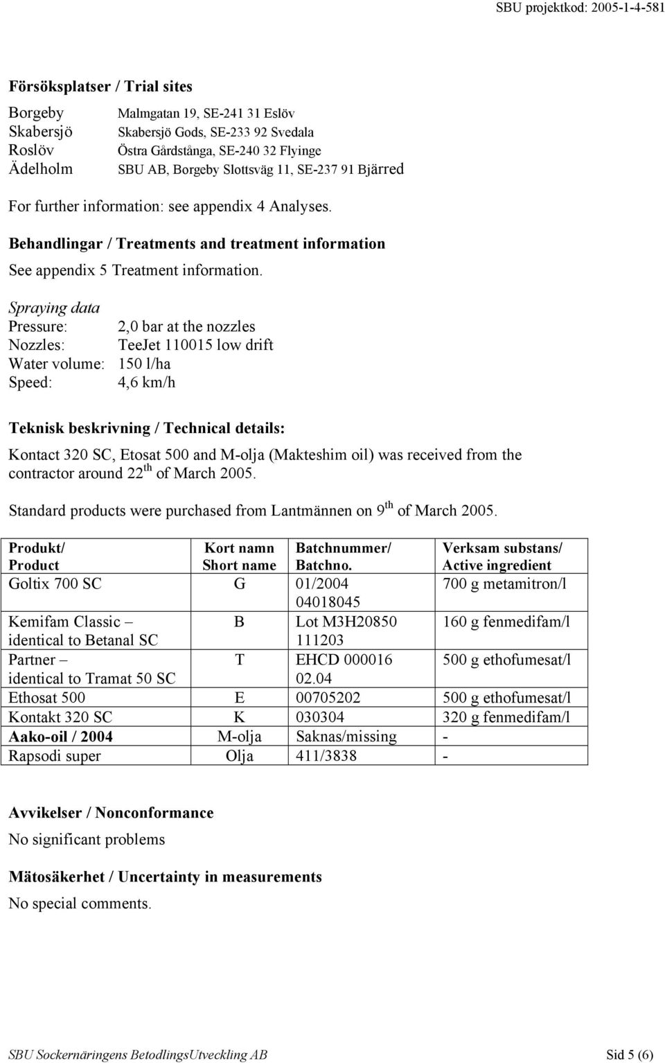 Spraying data Pressure: 2,0 bar at the nozzles Nozzles: TeeJet 110015 low drift Water volume: 150 l/ha Speed: 4,6 km/h Teknisk beskrivning / Technical details: Kontact 320 SC, Etosat 500 and M-olja
