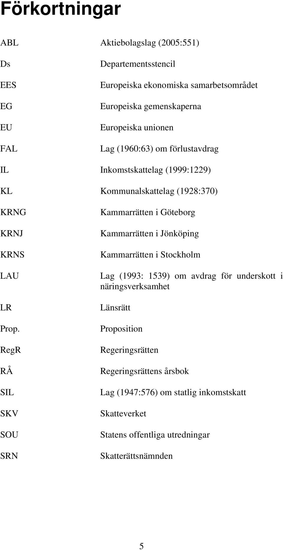 RegR RÅ SIL SKV SOU SRN Kammarrätten i Göteborg Kammarrätten i Jönköping Kammarrätten i Stockholm Lag (1993: 1539) om avdrag för underskott i