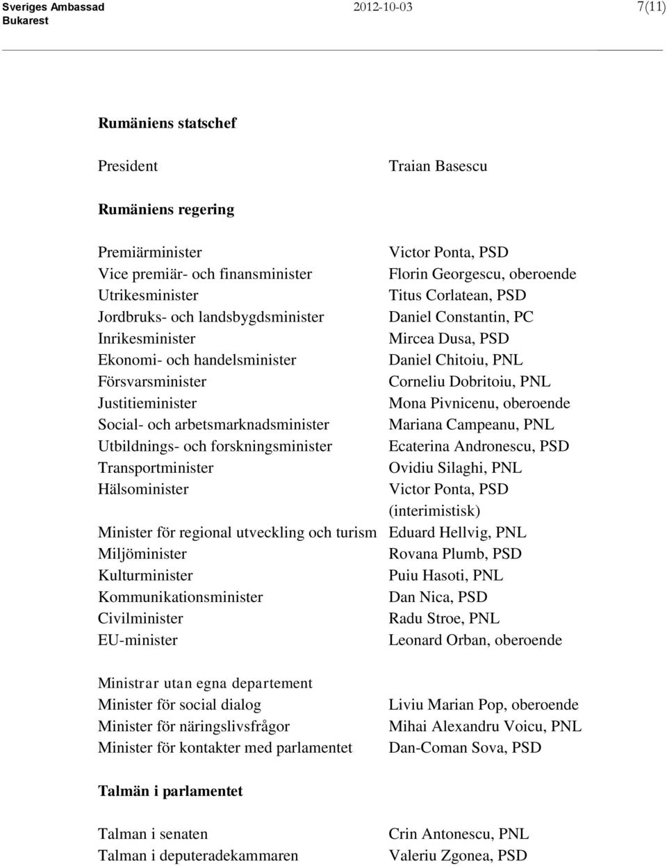 Corneliu Dobritoiu, PNL Justitieminister Mona Pivnicenu, oberoende Social- och arbetsmarknadsminister Mariana Campeanu, PNL Utbildnings- och forskningsminister Ecaterina Andronescu, PSD