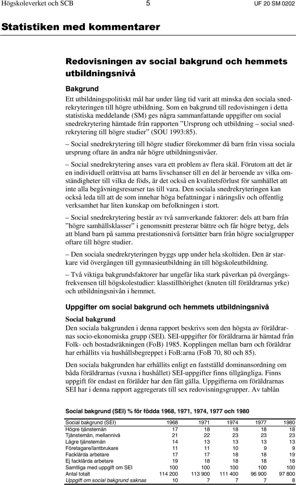 Som en bakgrund till redovisningen i detta statistiska meddelande (SM) ges några sammanfattande uppgifter om social snedrekrytering hämtade från rapporten Ursprung och utbildning social