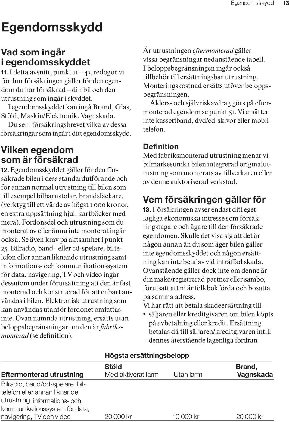 I egendomsskyddet kan ingå Brand, Glas, Stöld, Maskin/Elektronik, Vagnskada. Du ser i försäkringsbrevet vilka av dessa försäkringar som ingår i ditt egendomsskydd. Vilken egendom som är försäkrad 12.