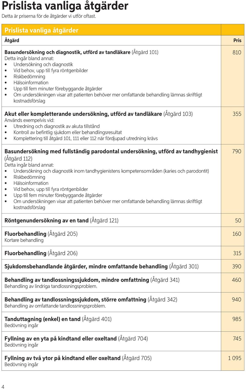 Riskbedömning Hälsoinformation Upp till fem minuter förebyggande åtgärder Om undersökningen visar att patienten behöver mer omfattande behandling lämnas skriftligt kostnadsförslag Akut eller