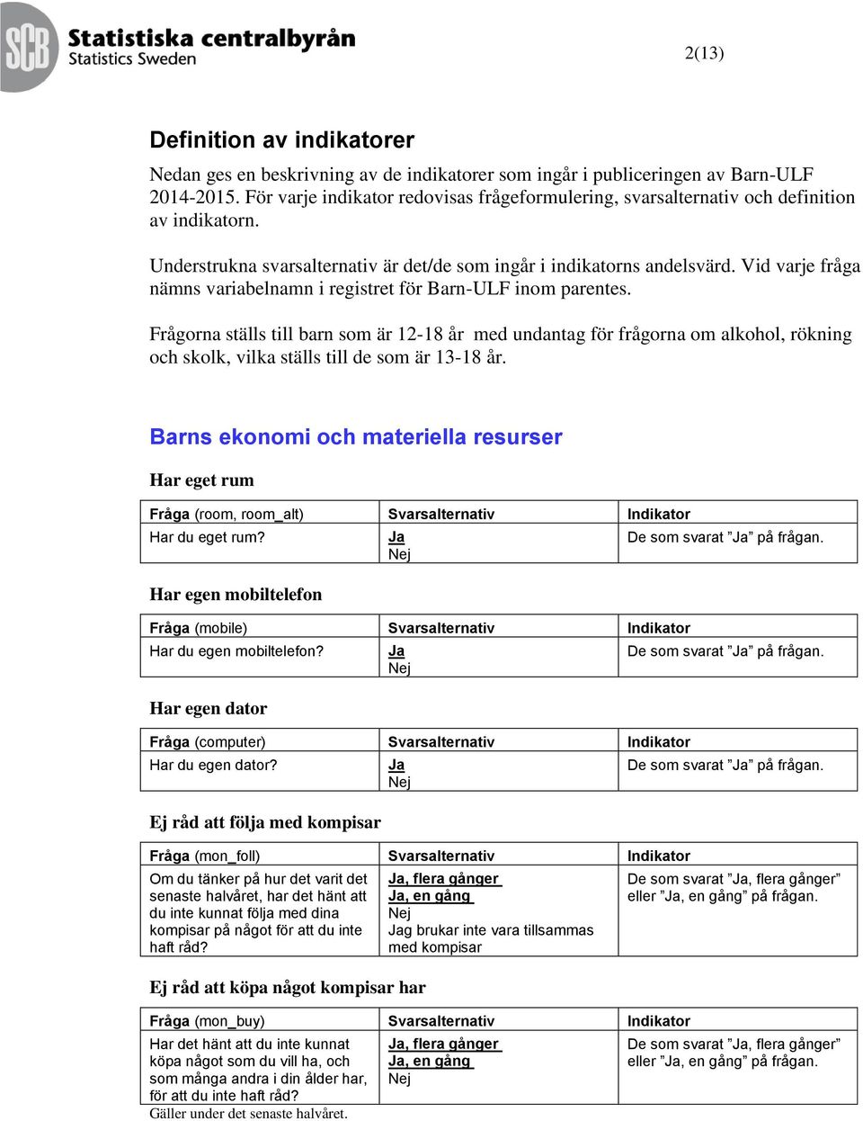 Vid varje fråga nämns variabelnamn i registret för Barn-ULF inom parentes.
