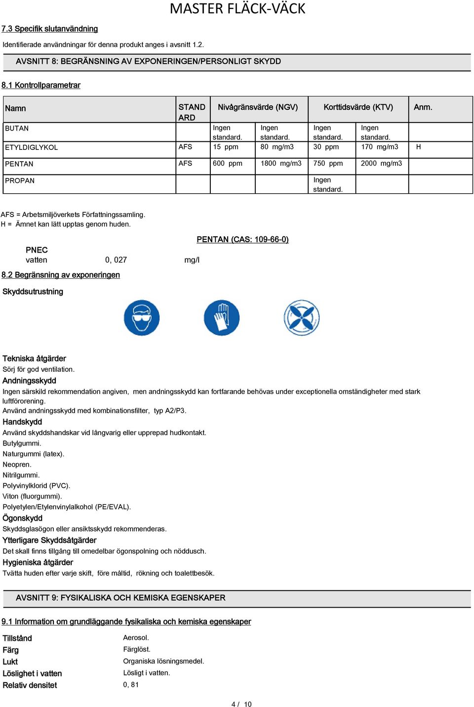 Ingen standard. Ingen standard. Ingen standard. ETYLDIGLYKOL AFS 15 ppm 80 mg/m3 30 ppm 170 mg/m3 H PENTAN PROPAN AFS 600 ppm 1800 mg/m3 750 ppm 2000 mg/m3 Ingen standard.