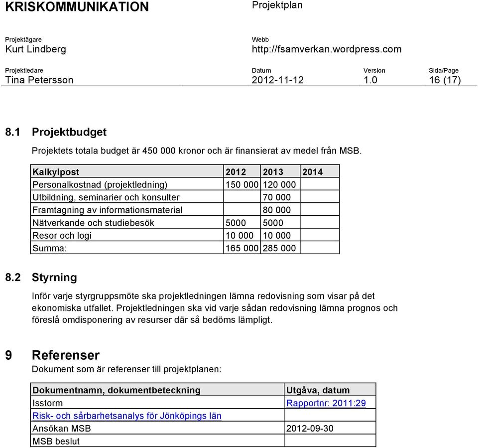 Resor och logi 10 000 10 000 Summa: 165 000 285 000 8.2 Styrning Inför varje styrgruppsmöte ska projektledningen lämna redovisning som visar på det ekonomiska utfallet.
