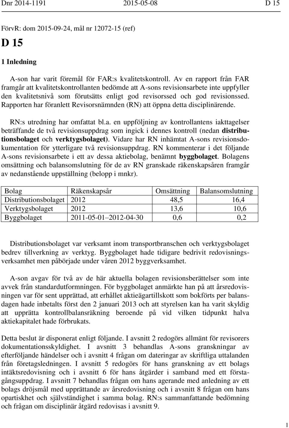 Rapporten har föranlett Revisorsnämnden (RN) att öppna detta disciplinärende. RN:s utredning har omfattat bl.a. en uppföljning av kontrollantens iakttagelser beträffande de två revisionsuppdrag som ingick i dennes kontroll (nedan distributionsbolaget och verktygsbolaget).