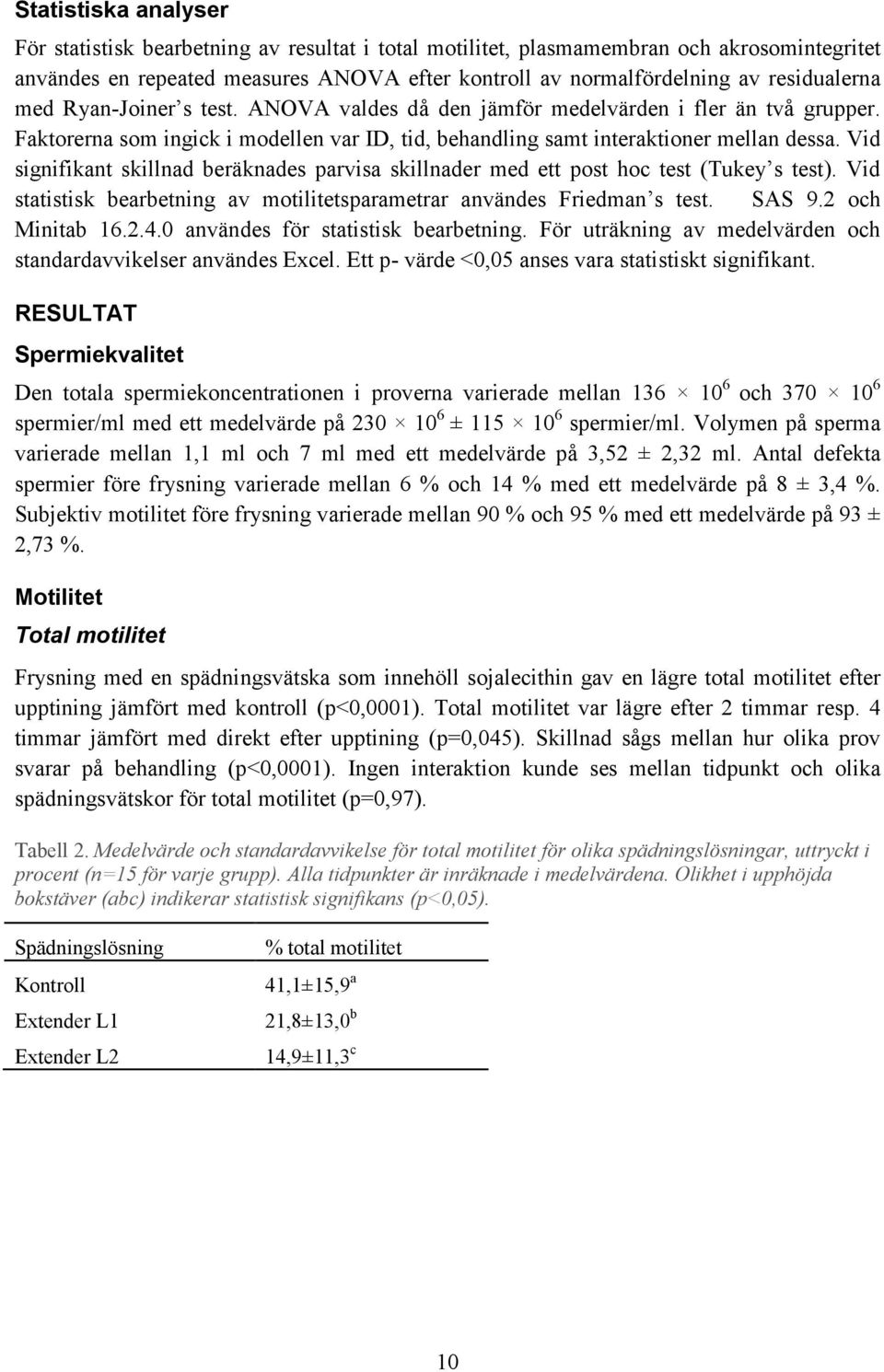 Vid signifikant skillnad beräknades parvisa skillnader med ett post hoc test (Tukey s test). Vid statistisk bearbetning av motilitetsparametrar användes Friedman s test. SAS 9.2 och Minitab 16.2.4.