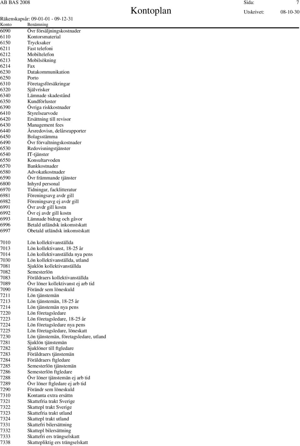 delårsrapporter 6450 Bolagsstämma 6490 Övr förvaltningskostnader 6530 Redovisningstjänster 6540 IT-tjänster 6550 Konsultarvoden 6570 Bankkostnader 6580 Advokatkostnader 6590 Övr främmande tjänster