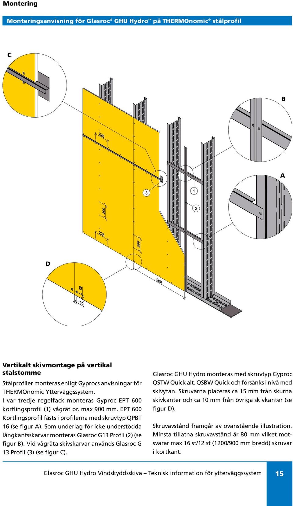 Som underlag för icke understödda långkantsskarvar monteras Glasroc G13 Profil (2) (se figur B). Vid vågräta skivskarvar används Glasroc G 13 Profil (3) (se figur C).