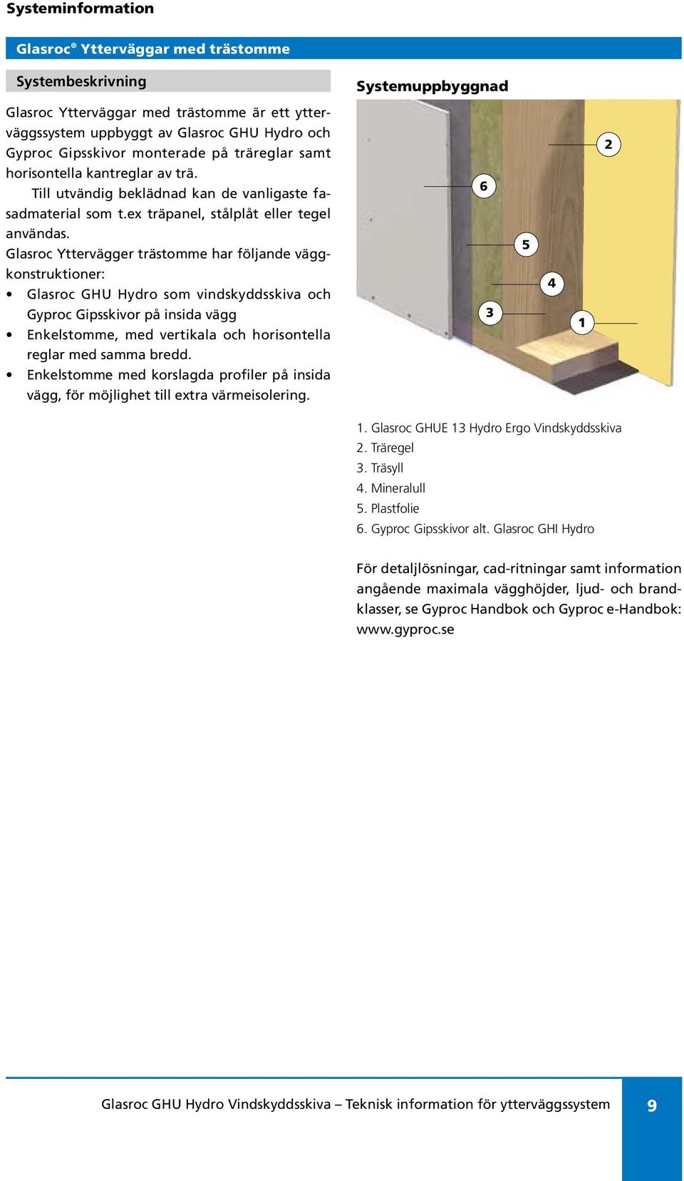 Glasroc Yttervägger trästomme har följande vägg- 5 konstruktioner: Glasroc GHU Hydro som vindskyddsskiva och Gyproc Gipsskivor på insida vägg Enkelstomme, med vertikala och horisontella 3 4 1 reglar