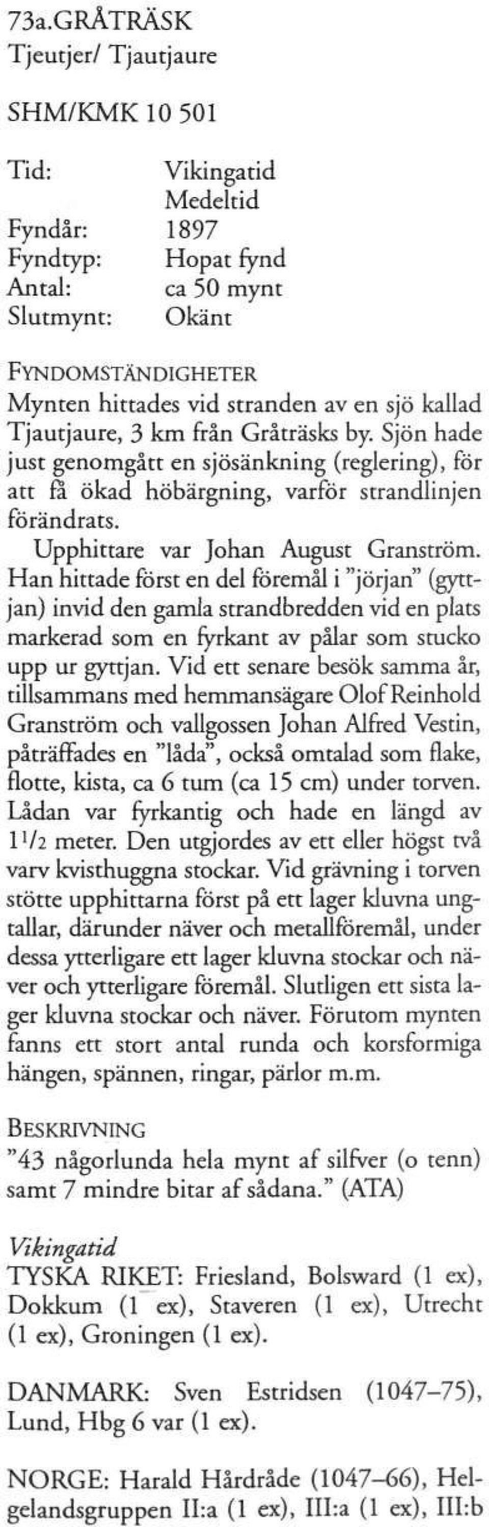 Han hittade först en del föremål i "jörjan" (gyttjan) invid den gamla strandbredden vid en plats markerad som en fyrkant av pålar som stucko upp ur gyttjan.