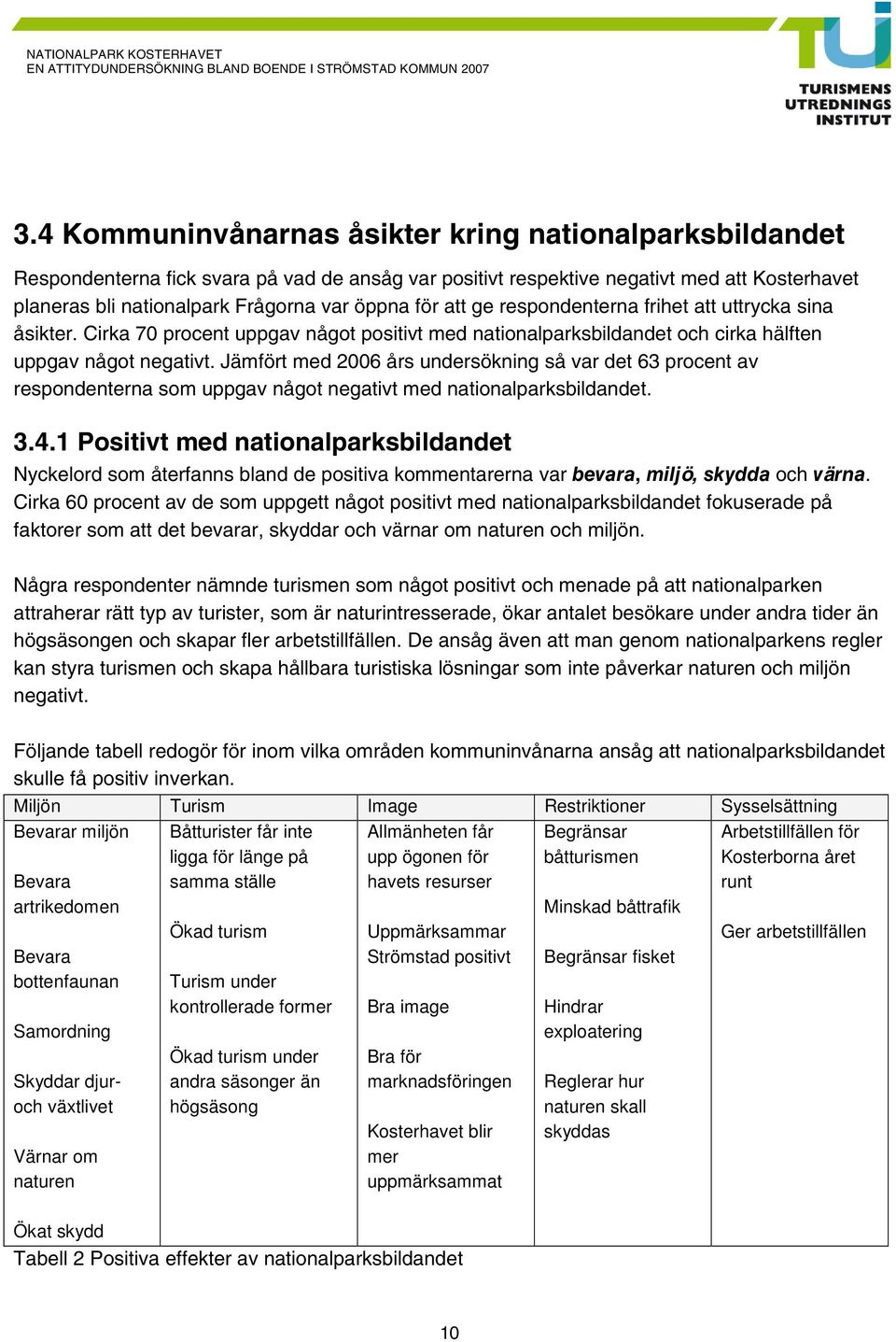 Jämfört med 2006 års undersökning så var det 63 procent av respondenterna som uppgav något negativt med nationalparksbildandet. 3.4.