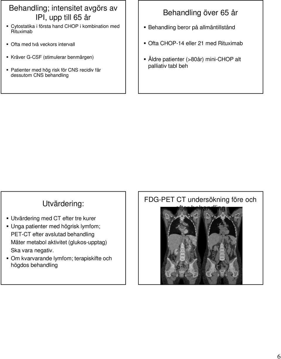 Rituximab Äldre patienter (>80år) mini-chop alt palliativ tabl beh Utvärdering: Utvärdering med CT efter tre kurer Unga patienter med högrisk lymfom; PET-CT efter