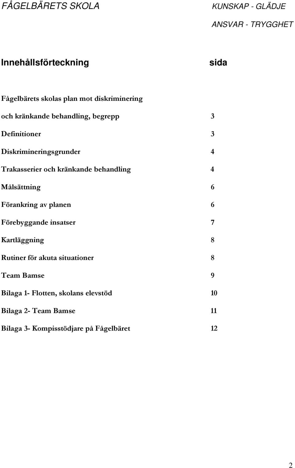 Förankring av planen 6 Förebyggande insatser 7 Kartläggning 8 Rutiner för akuta situationer 8 Team