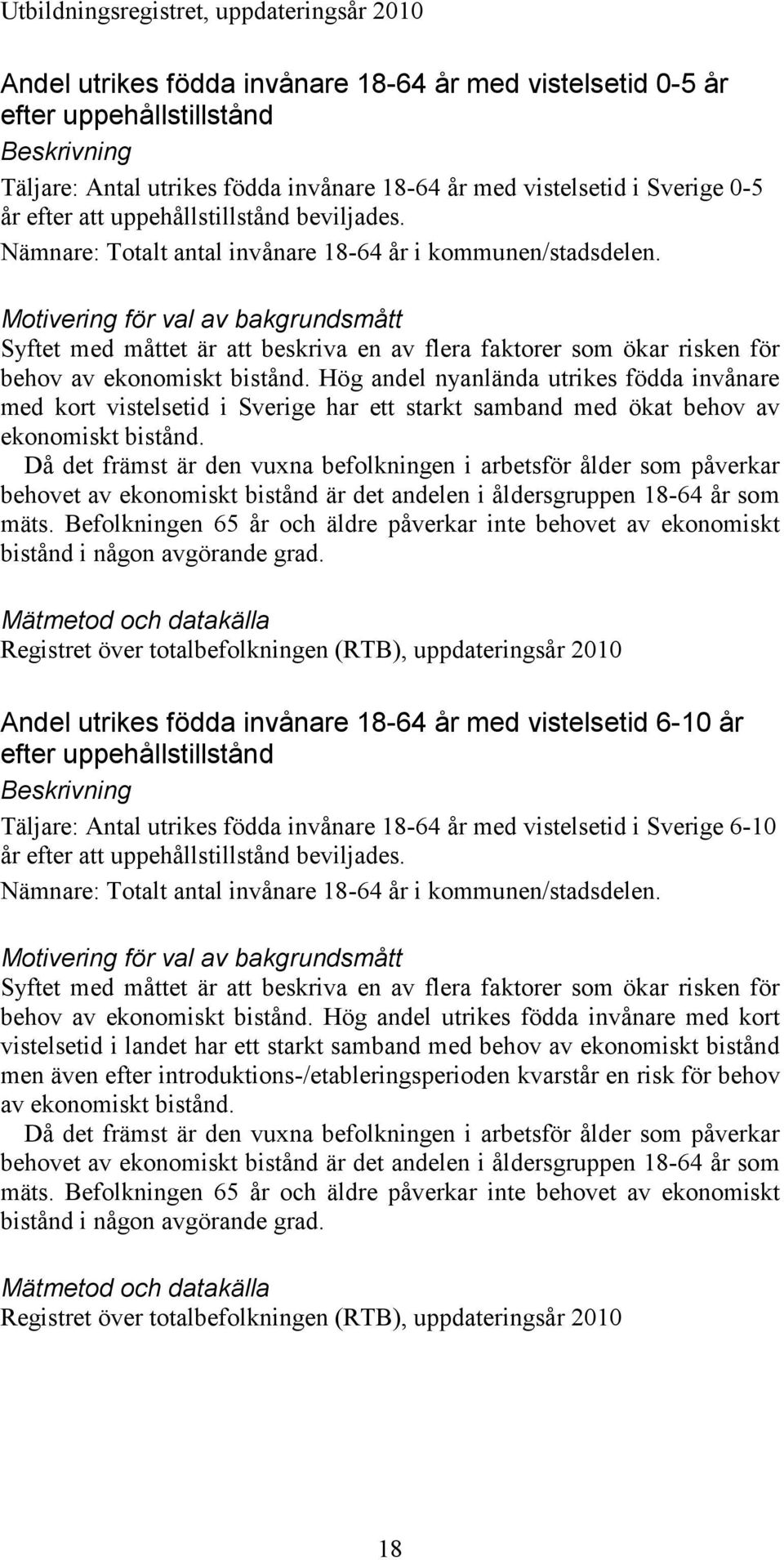 Motivering för val av bakgrundsmått Syftet med måttet är att beskriva en av flera faktorer som ökar risken för behov av ekonomiskt bistånd.