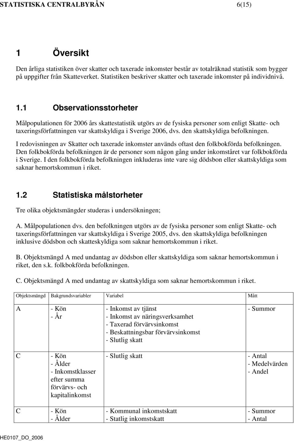 1 Observationsstorheter Målpopulationen för 2006 års skattestatistik utgörs av de fysiska personer som enligt Skatte- och taxeringsförfattningen var skattskyldiga i Sverige 2006, dvs.